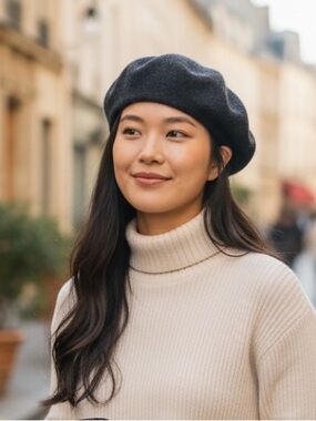 Vintage DELUX Wool Beret Hat Charcoal Grey Classic One Size (O/S)